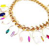 Thick Gold link chain adorned with horse shoe shaped pendants and colorful Swarovski stones