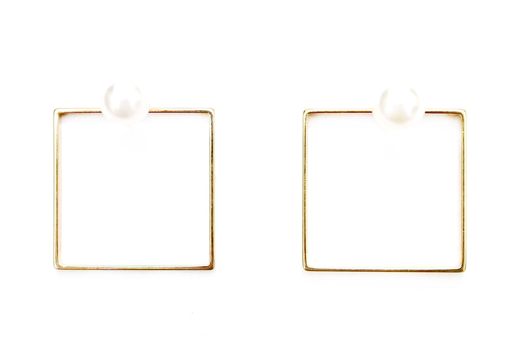 Reversed Metal Hollow Square Earrings Pearl Backs