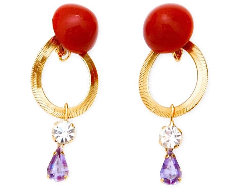 clip on maroon stone with herringbone circle decal and Swarovski stones dangling earrings