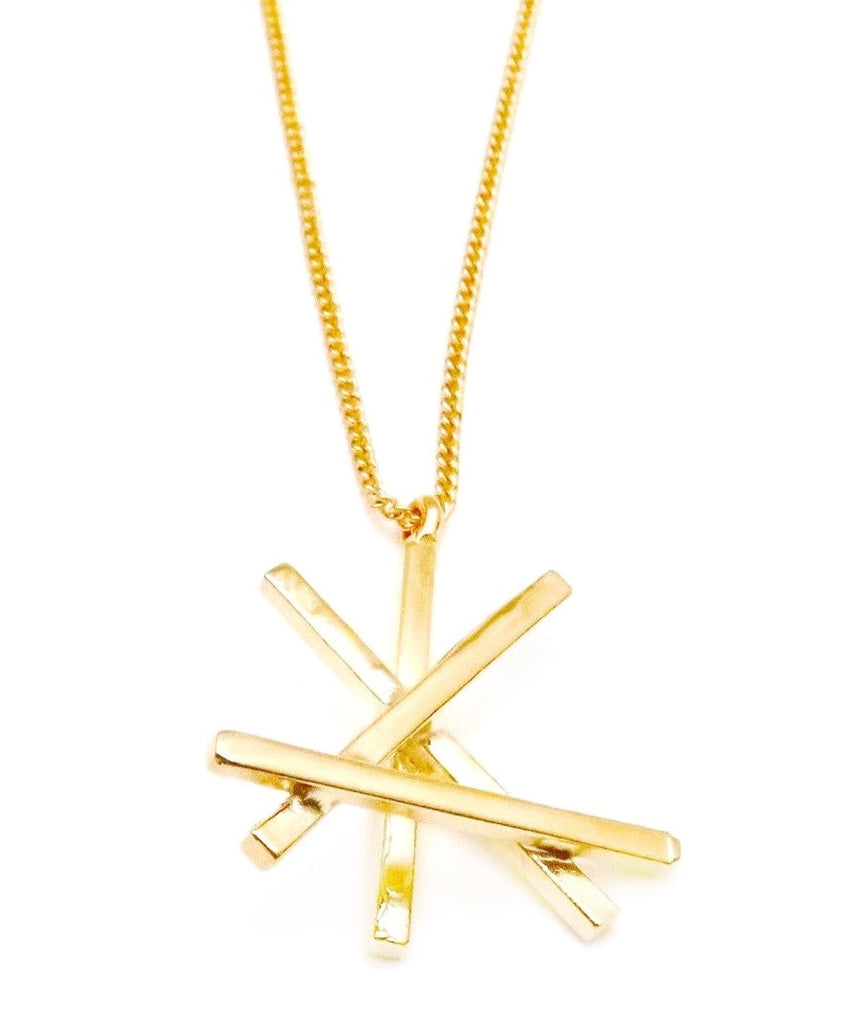 Gold criss cross stick pendant necklace