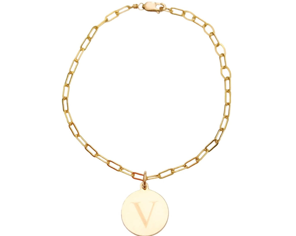 Engraved initial pendant on paperclip chain bracelet