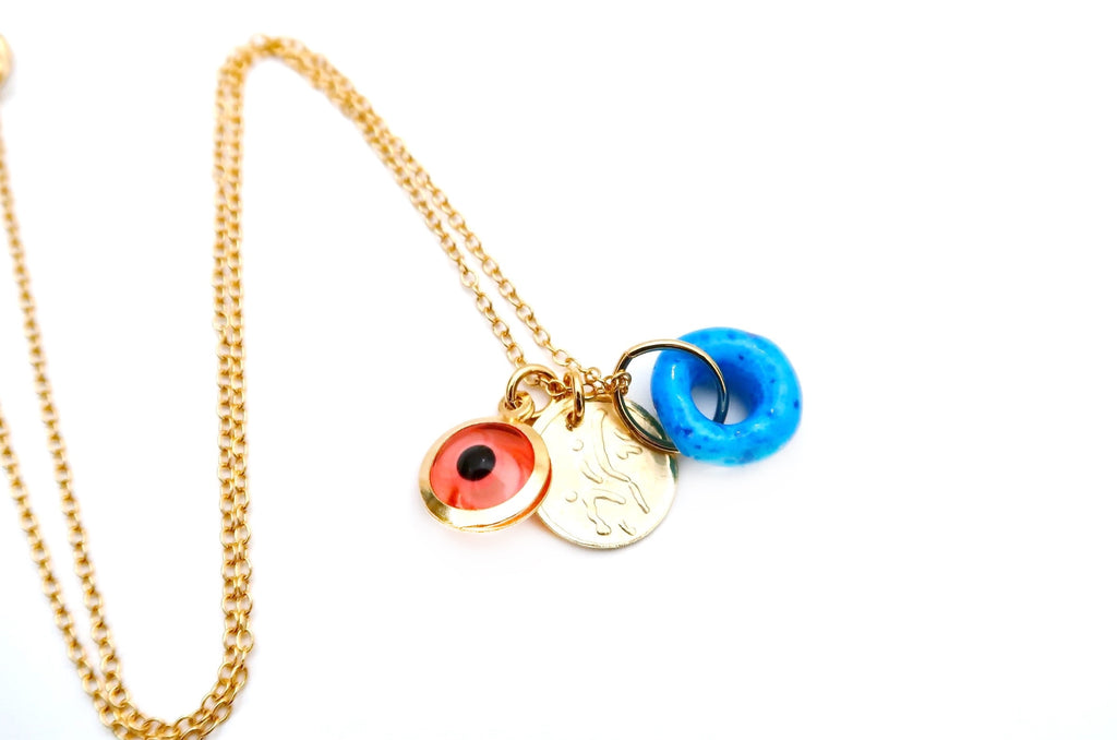 dainty necklace with evil eye, Persian coin and natural blue stone