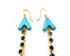 turquoise heart with navy Swarovski stones dangling and a large clear stone at bottom earrings