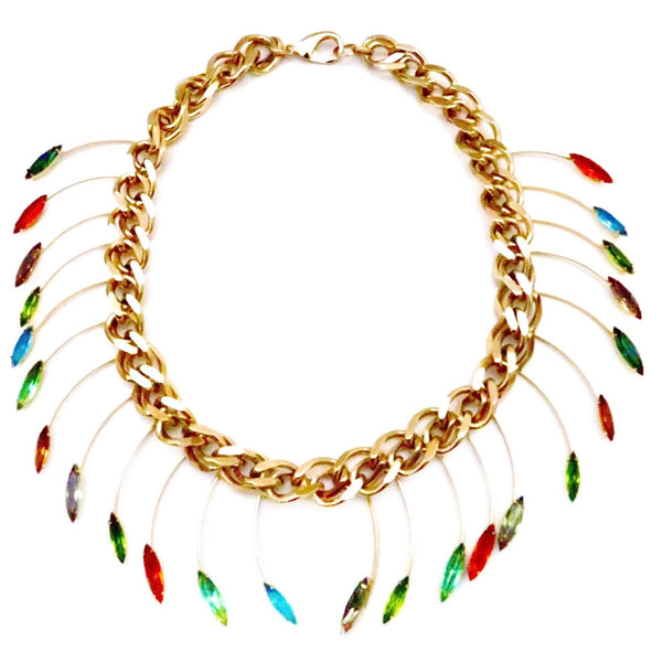 Gold chain with colorful Swarovski stone hanging pendants