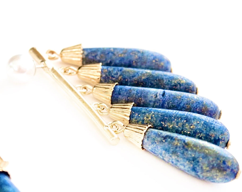 Gold Metal Lapis Azuli Stone Statement Earrings 