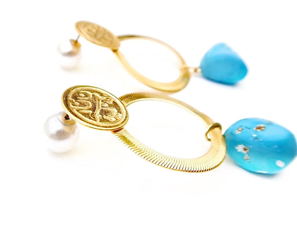 Persian coin and snake chain circle hoop with turquoise stone pendant 