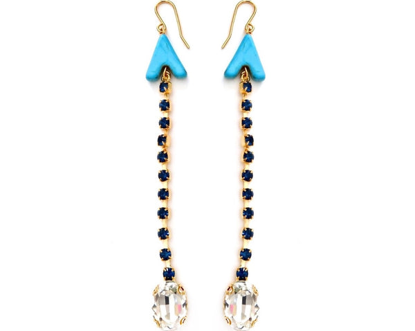 turquoise heart with navy Swarovski stones dangling and a large clear stone at bottom earrings