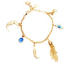 charm bracelet with fringe, crescent moon evil eye and blue stone 