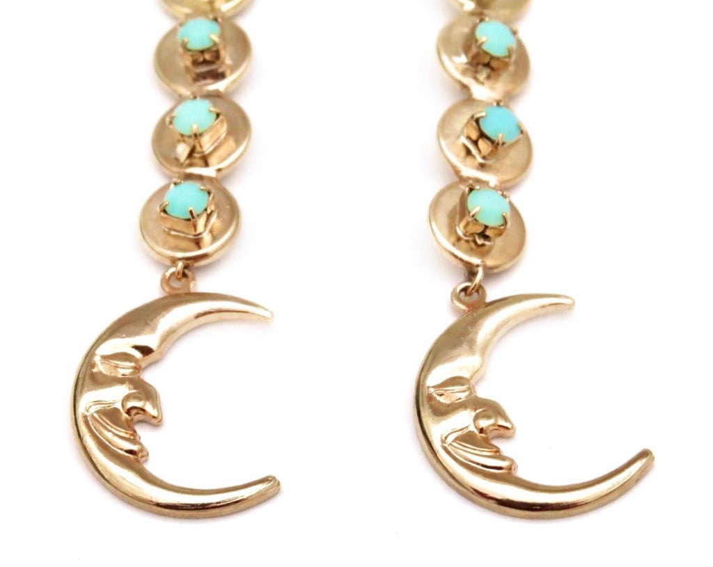 Gold earrings with persian coins mint green stones and crescent moon 