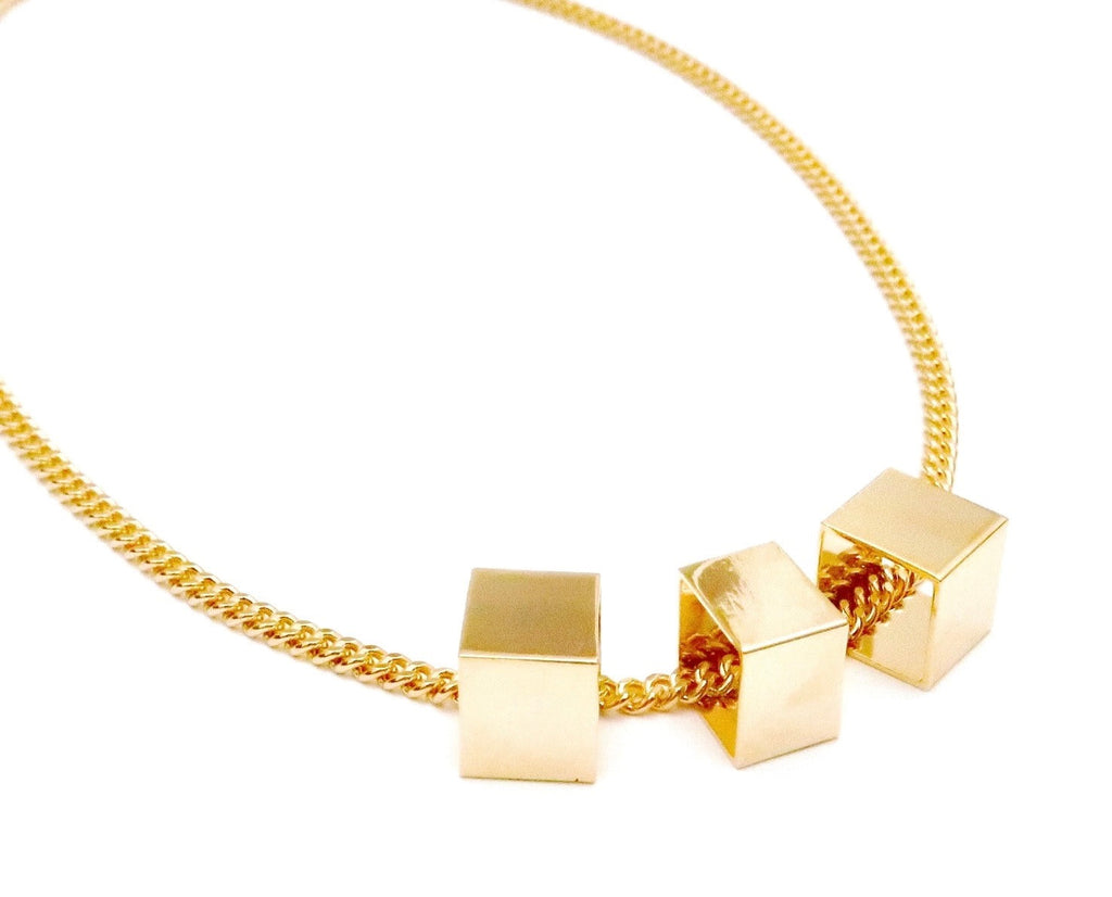 Gold dainty chain necklace with three hollow square pendants