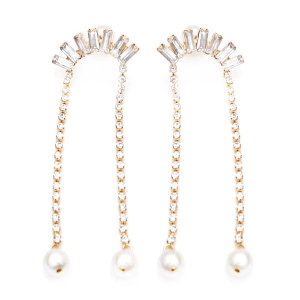 Swarovski encrusted dangle earrings in U shape with pearl ends