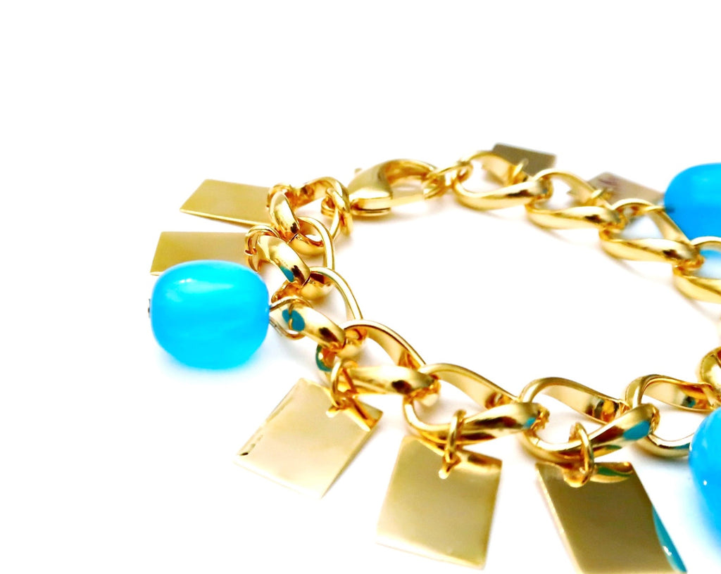 chain bracelet with metal square and turquoise charms