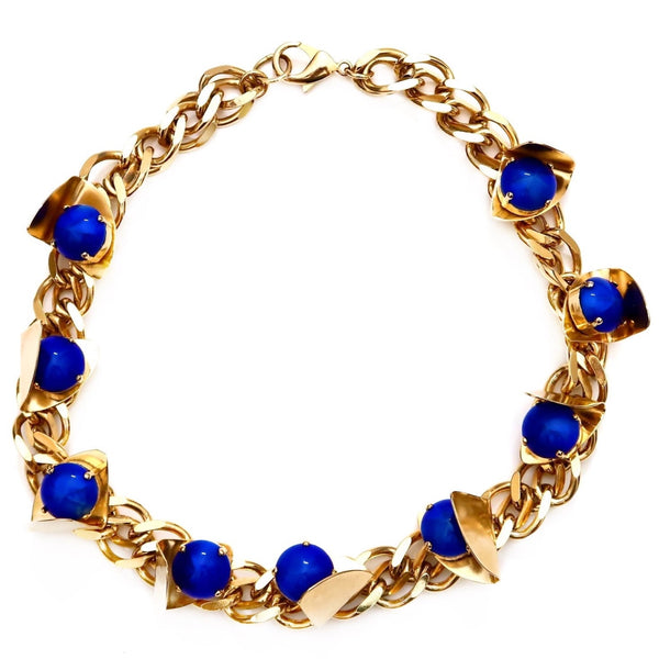 Gold chain with blue Swarovski stones and triangle cutout details