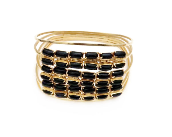 Black Stacked Beaded bangle with gold metal