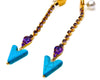 purple stone dangle earrings with turquoise heart at end