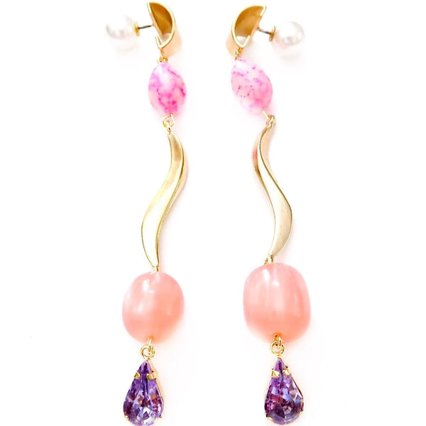 pink metal egg accent with gold swirl dangle and Swarovski stone earrings