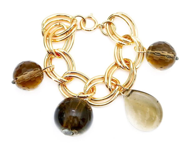 natural brown colored stone charm bracelet on gold link chain