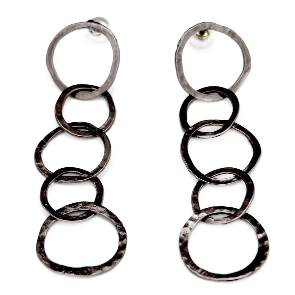5 Circle Metal Dangle Earrings in Gunmetal Side Profile Pearl Backs