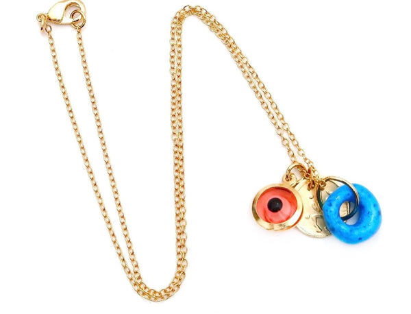 dainty necklace with evil eye, Persian coin and natural blue stone