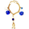 metal chain charm bracelet with blue evil eye, blue stone, Persian coin and hand jewels