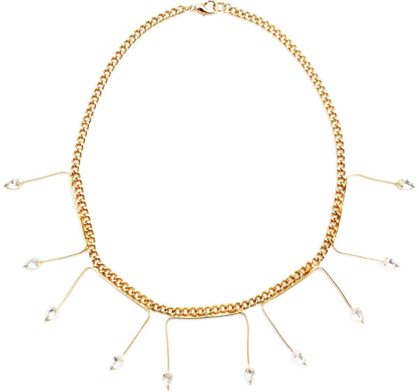 delicate gold link chain with U shaped pendant adorned with Swarovski stones at ends