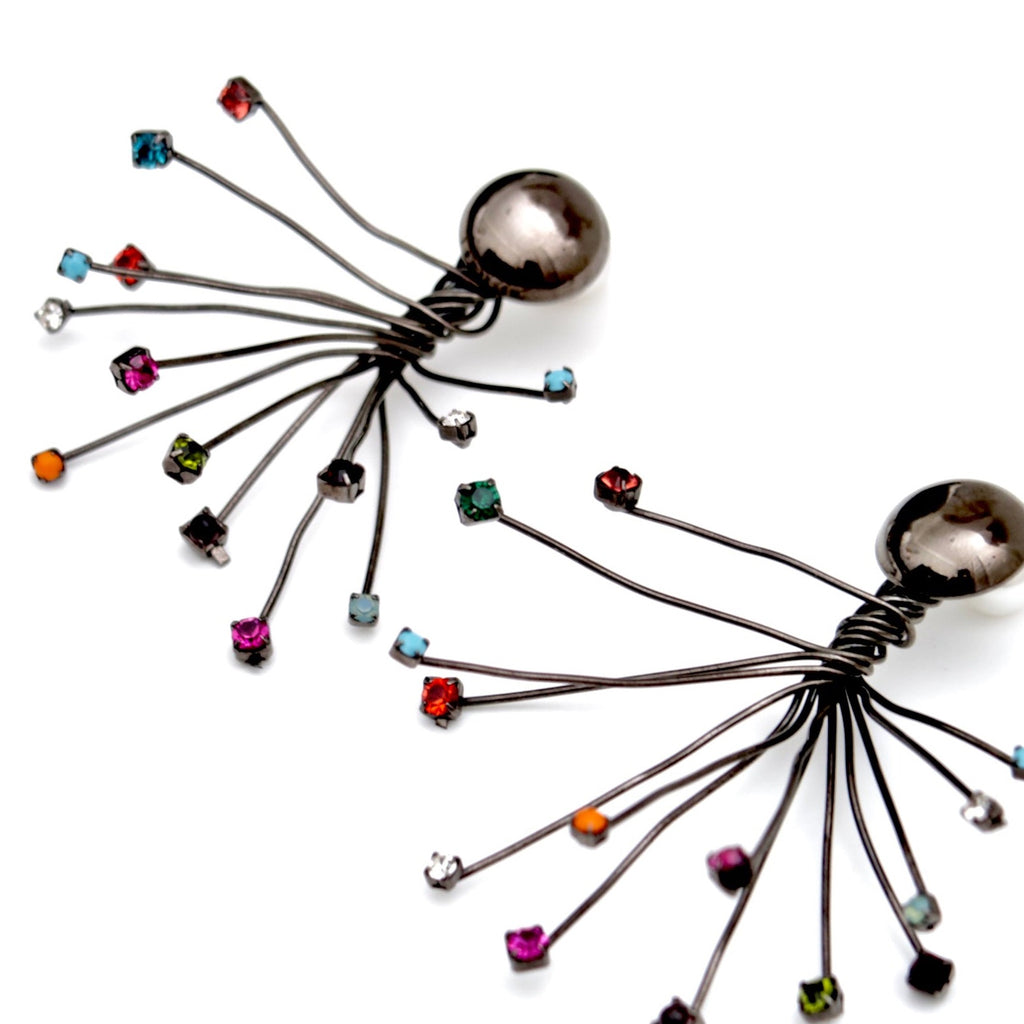 Gunmetal Adjustable Handmade Metal Statement Earrings with Colorful Swarovski Stones